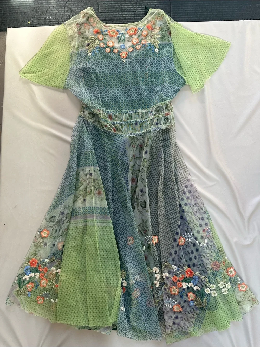 Johnny Was Sheer Floral Embroidered Top in Coral, Blue and Green - Picture 7 of 11